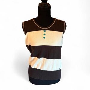 Lija Women’s Y2K Brown and White Striped Tank Top With Teal Buttons, Size Large